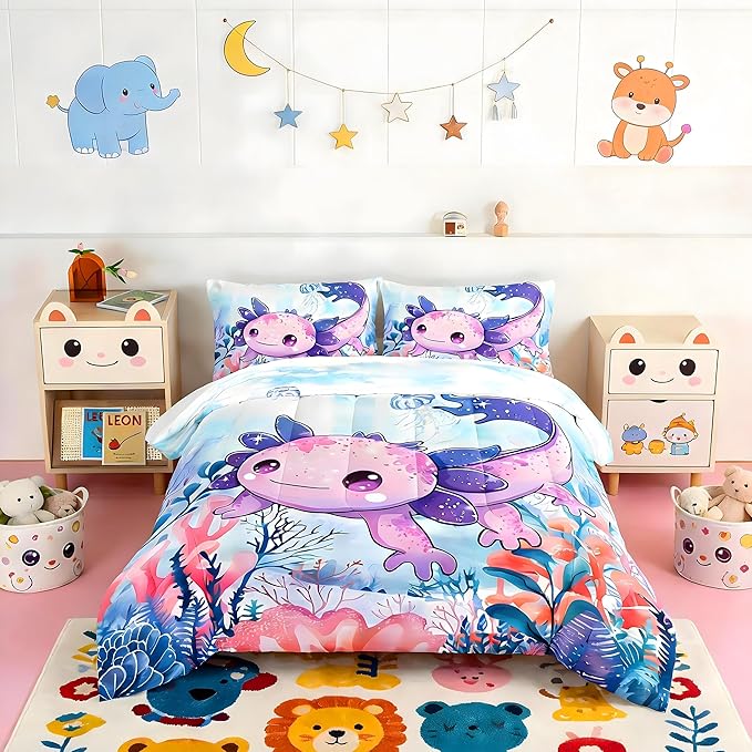 Cute Axolotl Bedding Set Queen Size,Color Axolotl Waterweed Jellyfish Pattern Toddler Bed Comforter Set,Kawaii Ocean Life Bedding Sets for Kids Boys Girls Room Decor with 2 Pillowcases.