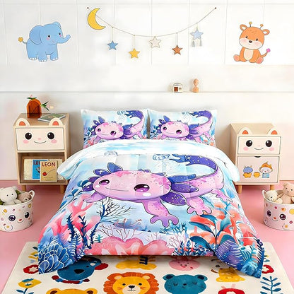 Cute Axolotl Bedding Set Queen Size,Color Axolotl Waterweed Jellyfish Pattern Toddler Bed Comforter Set,Kawaii Ocean Life Bedding Sets for Kids Boys Girls Room Decor with 2 Pillowcases.