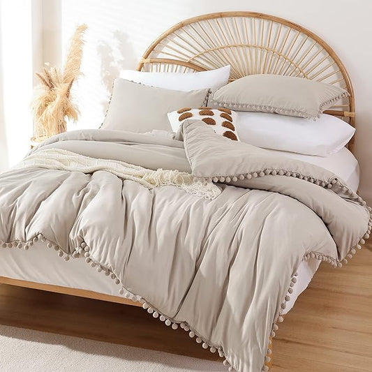 YIRDDEO King Size Comforter Set - King Size Comforter with Ball Pom Fringe, Soft King Bedding Set for All Seasons - 3 Pieces, 1 Comforter (104"x90"inches) & 2 Pillow Shams(20"x36"), Oatmeal