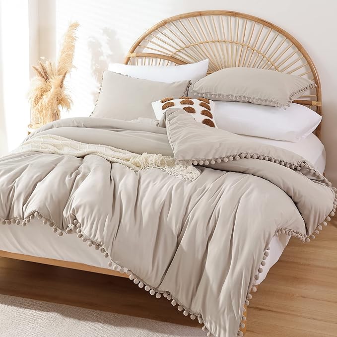 YIRDDEO Full Size Comforter Sets - Full Size Comforter with Ball Pom Fringe, Soft Bedding Set for All Seasons - 3 Pieces, 1 Comforter (79"x90") & 2 Pillow Shams(20"x26"), Oatmeal