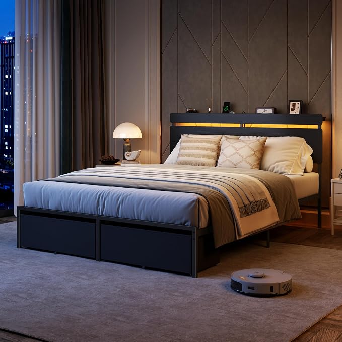 Forestell Queen Bed Frame with Wood Headboard,2 Storage Drawers & Shelf | Built-in Charging Station & LED Lights, Metal Support, No Box Spring Needed, noise-free, easy assembly, Smart RGB, USB+Type-C