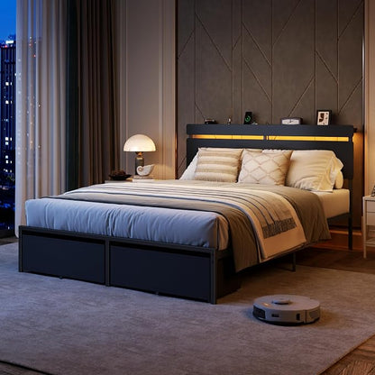 Forestell Queen Bed Frame with Wood Headboard,2 Storage Drawers & Shelf | Built-in Charging Station & LED Lights, Metal Support, No Box Spring Needed, noise-free, easy assembly, Smart RGB, USB+Type-C