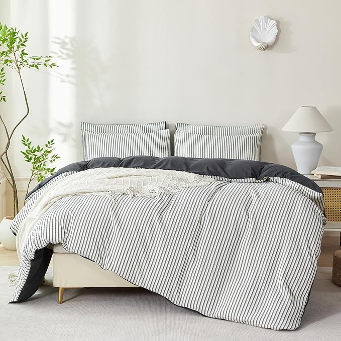 Dark Grey Comforter Set King Soft Luxury Washed Microfiber Jacquard 3 Pieces Bedding, White Grey Vertical Ticking Stripes Pattern Comforter with 2 Pillowcases Breathable Durable Comfy