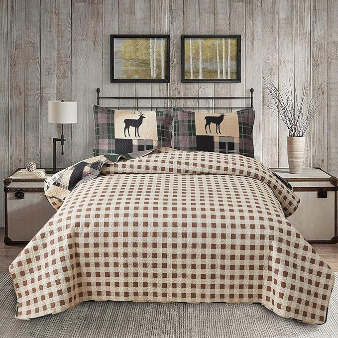 Lodge Bedspread Set King Size Rustic Cabin Quilt Set Deer Bedding Sets Lightweight Coverlet Reversible Bedspreads Elk Moose Printed Bedcover Dark Green Beige Plaid Patchwork Bedding Country Decor
