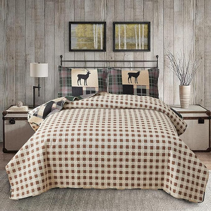 Ycosy 3pcs Breathable Lightweight Christmas Plaid Lodge Quilt Set Full/Queen Size Including Quilt, 2 Pillow Shams, Green, Polyester, Bedspread Set or Bedding Set