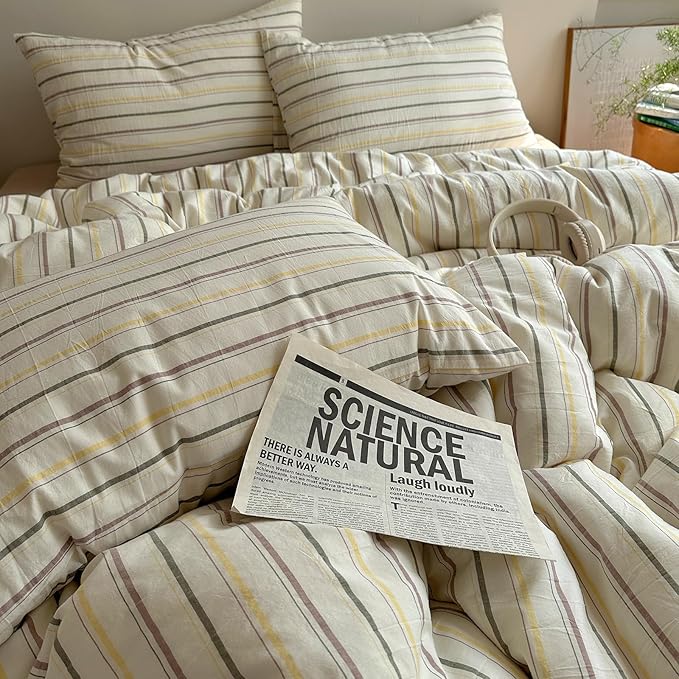 EAVD Vintage Colorful Striped Comforter Set King Soft Cotton 3-Piece Retro Vertical Striped Bedding Set with 2 Pillowcases Boho Geometric Comforter Set for All-Season(Green&Yellow&Brown, King)