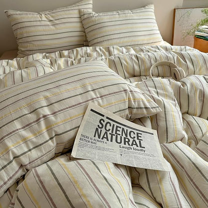EAVD Vintage Colorful Striped Comforter Set King Soft Cotton 3-Piece Retro Vertical Striped Bedding Set with 2 Pillowcases Boho Geometric Comforter Set for All-Season(Green&Yellow&Brown, King)