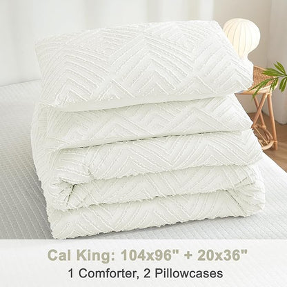 Litanika California King Comforter Set Ivory, 3 Pieces Tufted Boho Farmhouse Bedding Comforter Sets, Lightweight Fluffy Comforter Bed Set All Season (104x96In Comforter & 2 Pillowcases)