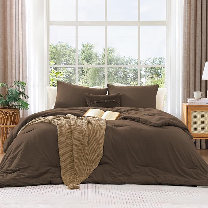WRENSONGE Queen Comforter Set - 3 Pieces Prewashed Chocolate Brown Comforter Soft Lightweight for All Seasons,Down Alternative Comforters Queen Size with 2 Pillow Shams