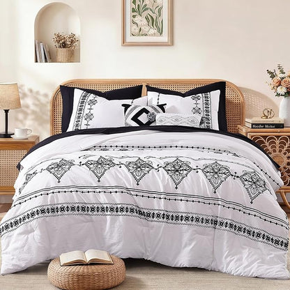 MaiRêve Queen Size Comforter Set Frost White, Embroidery Floral Western Boho Bedding Set, All Season 7 Pieces Bed in a Bag with Sheets, Pillowcases & Shams