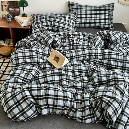 mixinni Vintage Grey & Pale Blue Buffalo Plaid Duvet Cover Set Queen Size - 3 Piece Washed Cotton Bedding Set with Grid Pattern, Soft & Breathable Duvet Cover with Pillowcases for Boys, Men& Women