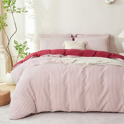 Striped Comforter Queen Brick Red Soft Luxury Washed Microfiber Jacquard 3 Pieces Bedding, White Brick Red Vertical Ticking Stripes Pattern Comforter with 2 Pillowcases Breathable Durable Comfy