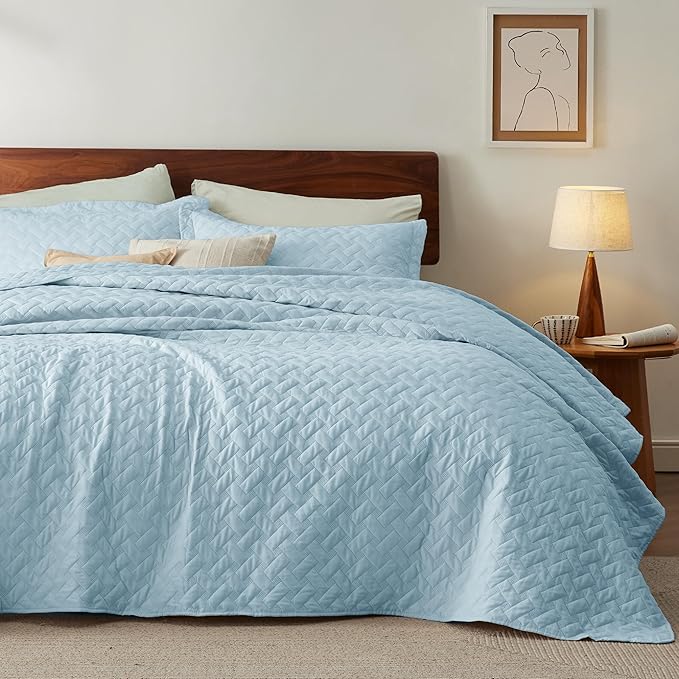Bedsure Quilts Twin Size - Lightweight Bedspreads Twin Size with Basket Weave Pattern, Soft Quilt Bedding Set, Sky Blue Comforter Set Coverlet for All Seasons with 1 Pillow Sham (68" x 86") | Skin-Friendly Soft, All-Season Comfort, Breathable, Lightwei...
