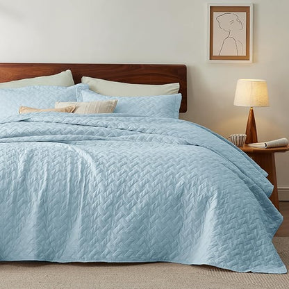Bedsure Quilts Twin Size - Lightweight Bedspreads Twin Size with Basket Weave Pattern, Soft Quilt Bedding Set, Sky Blue Comforter Set Coverlet for All Seasons with 1 Pillow Sham (68" x 86") | Skin-Friendly Soft, All-Season Comfort, Breathable, Lightwei...