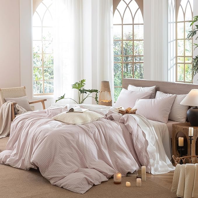 MooMee Striped Duvet Cover Set 100% Washed Cotton Linen Like Textured Breathable Durable Soft Comfy (Heathered Greyish Pink White Wide Stripes, King 104"x90")