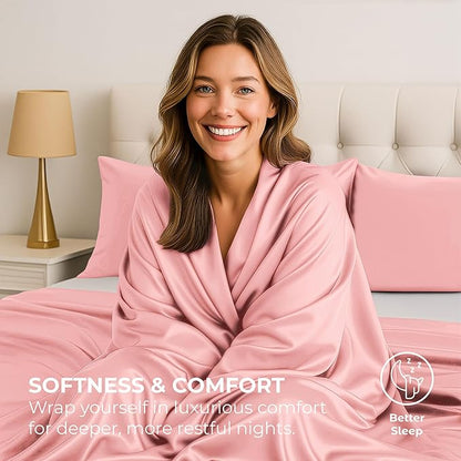 Satin Sheets King [4-Piece, Pink] Hotel Luxury Silky Bed Sheets - Extra Soft 1800 Microfiber Sheet Set, Wrinkle, Fade, Stain Resistant - Deep Pocket Fitted Sheet, Flat Sheet, Pillow Cases