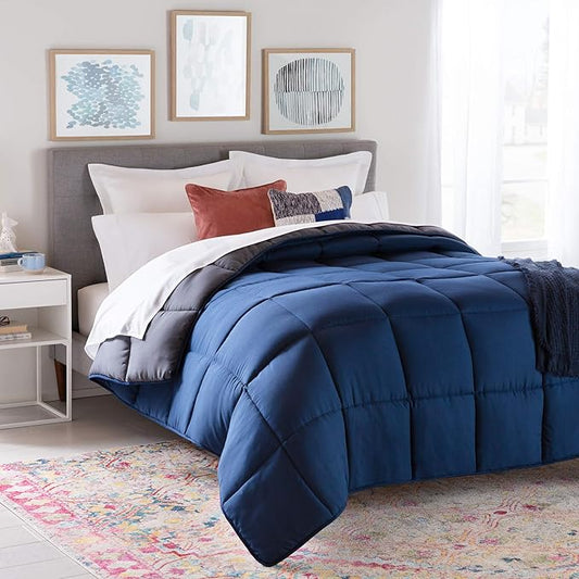 Linenspa Reversible Down Alternative Comforter and Duvet Insert, Oversized Queen – All-Season Comforter with Box Stitch and 8 Duvet Loops – Bedding for Kids, Teens, and Adults – Navy / Graphite