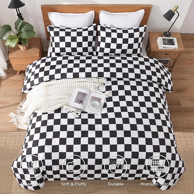 Andency Checkered Comforter Twin(66x90Inch), Black White Plaid Gingham Buffalo Grid Bedding Comforter Sets for Boys Kids Teens, 2 Pieces Lightweight Polyester Geometric Preppy Bed Set