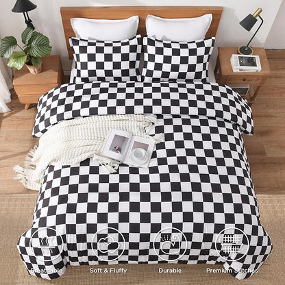 Andency Checkered Comforter Full(79x90Inch), Black White Plaid Gingham Buffalo Grid Bed Set for Boys Kids Teens, 3 Pieces Lightweight Polyester Geometric Preppy Bedding