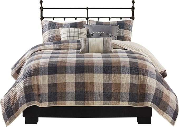 Madison Park Reversible Quilt Cabin Lifestyle Plaid Design - All Season, Breathable Coverlet Bedspread Bedding Set, Matching Shams, King/Cal King(104"x92"), Neutral 6 Piece