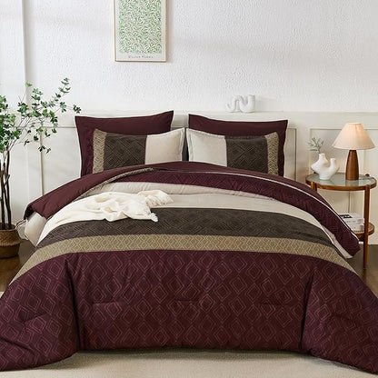 Dinjoy Burgundy King Size Comforter Set,Striped Boho Bed in a Bag King 7 Pieces Soft Fall Bedding Comforters Sets wiht Sheets Microfiber Complete Bed Sets for All Season