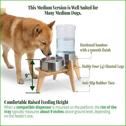 Dog Water and Food Dispenser Stand for Medium Dogs - Adjustable, Bamboo | Use to Elevate, Raise, Hold Gravity or Automatic Food Feeders and Water Bowl Dispensers - Medium