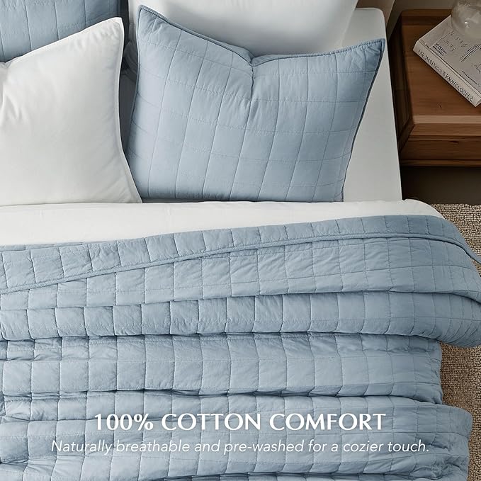 EVERGRACEHOME 100% Cotton Box Stitch Quilt Bedding Set King Size 3 Pieces, Garment-Washed Lightweight Soft Cozy Coverlet, Oversized Quilted Bedspread Sets with 2 Shams for All Season, Blue Linen