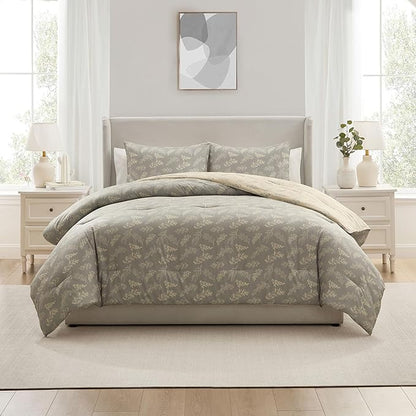 Nestl Queen Comforter Set - Grey Bed in a Bag Queen Size, 3 Pieces Reversible Bed Set, Soft Floral Bedding Set, All Season Botanical Comforters with Pillow Shams