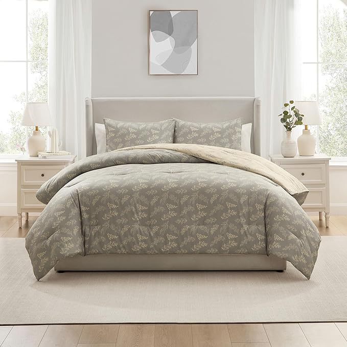 Nestl Full Size Comforter Sets - Grey Bed in a Bag Full Size, 3 Pieces Reversible Bed Set, Soft Floral Bedding Set, All Season Botanical Comforters with Pillow Shams