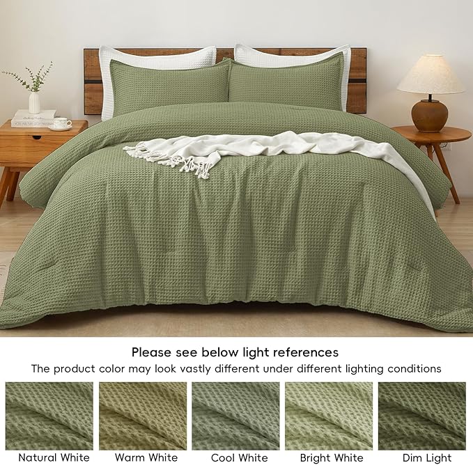 PHF Ultra Soft Waffle Weave Comforter Set King Size, 3 Pieces Lightweight Breathable Comfy Bedding Set, Comfy Textured 1 Comforter with 2 Pillow Shams, Olive Green
