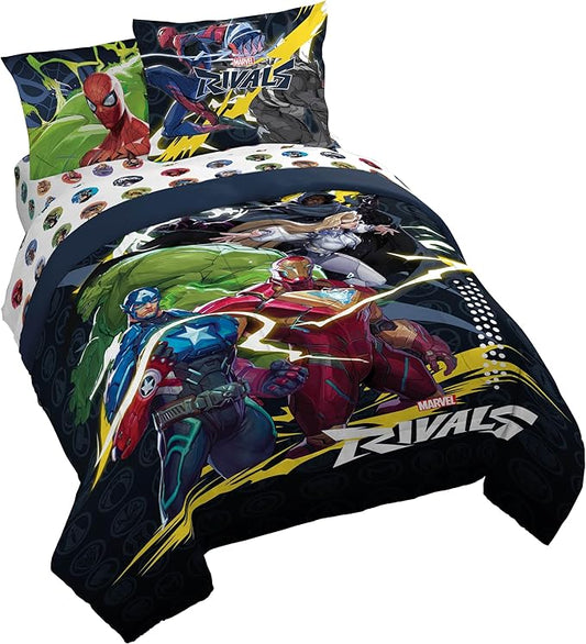Jay Franco Kids Comforter Set Includes Sheets and Pillow Covers - Soft and Cozy Bed Set for Stylish Room Decor, Official Licensed Bedding, Multi - Marvel Rivals, 7 Piece Queen