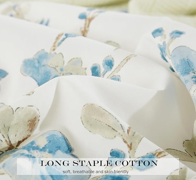 WINLIFE 100% Cotton Pillowcases King Size Blue Floral & Birds Printed Pillow Cover 2 Pack, Super Soft Envelope Closure King Pillow Case Set (King, 20"x36")