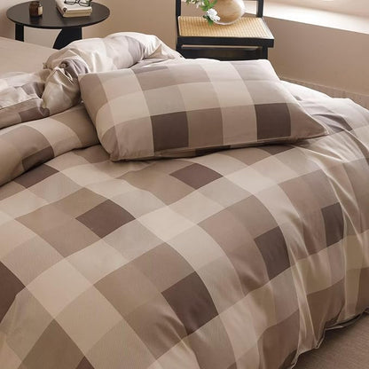 Houseri Coffee Color Plaid Comforter Set California King Vintage Grid Bedding Sets