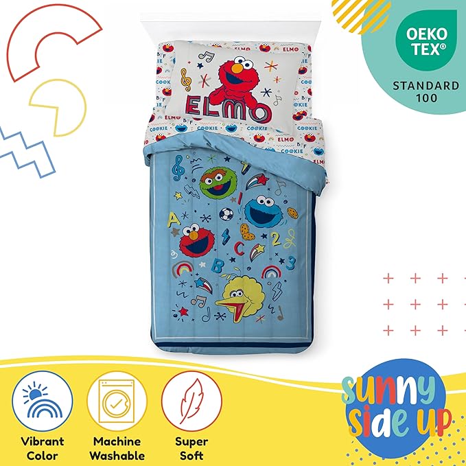 Sunny Side Up Sesame Street Twin Comforter Set - 5 Piece Kids Bedding Includes Comforter, Sheets & Pillow Cover – Super Soft Microfiber Bed Set with Elmo, Cookie Monster and Big Bird