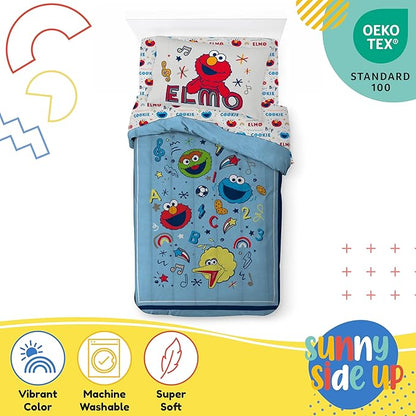 Sunny Side Up Sesame Street Twin Comforter Set - 5 Piece Kids Bedding Includes Comforter, Sheets & Pillow Cover – Super Soft Microfiber Bed Set with Elmo, Cookie Monster and Big Bird