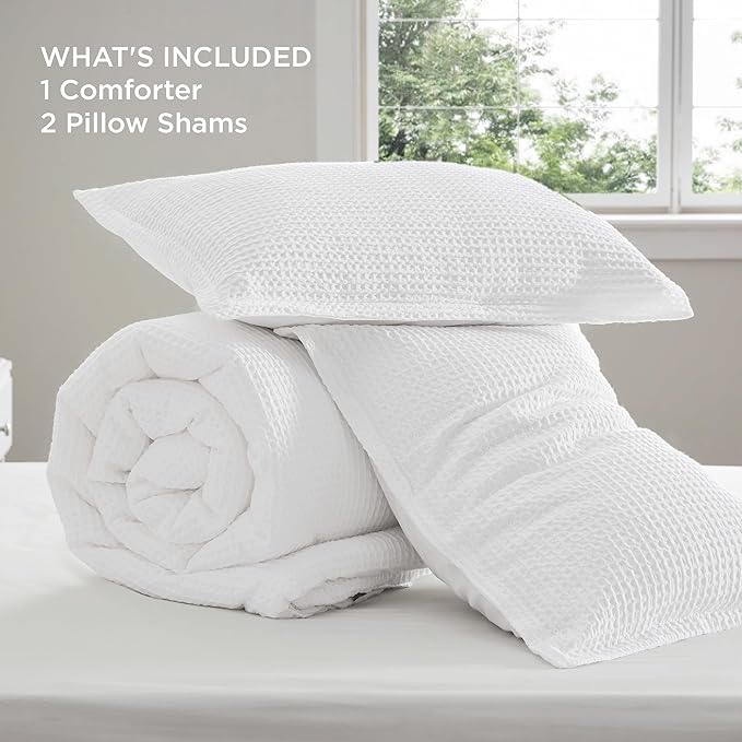Bedsure Waffle Comforter Set King, White Soft Bedding, Waffle Weave Bed Set, 3 Pieces, 1 Comforter (104"x90") and 2 Pillow Shams, Cotton Shell and Polyester Lining for All Seasons