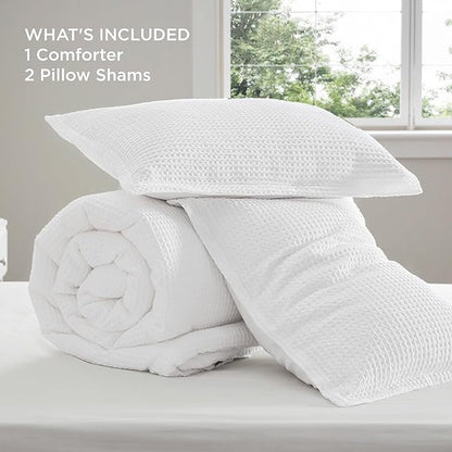 Bedsure Waffle Comforter Set Queen, White Soft Bedding, Waffle Weave Bed Set, 3 Pieces, 1 Comforter (90"x90") and 2 Pillow Shams, Cotton Shell and Polyester Lining for All Seasons