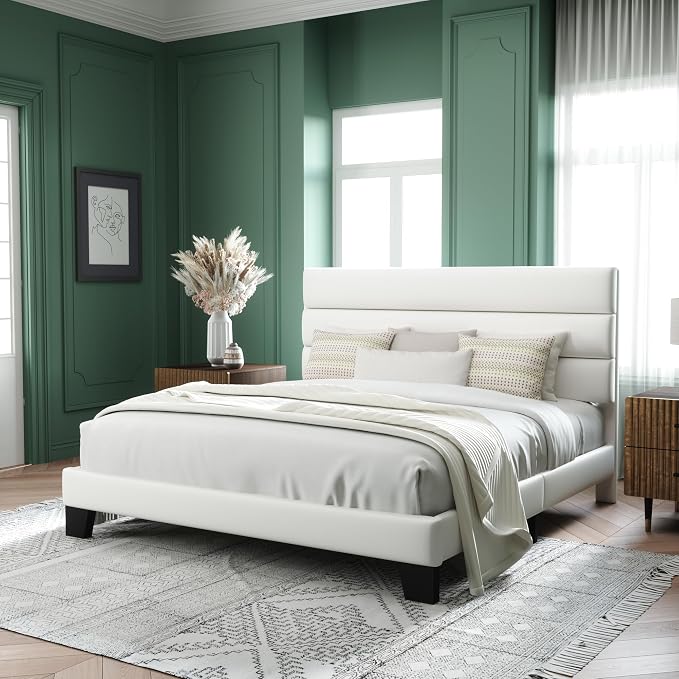 Allewie King Size Platform Bed Frame with Velvet Upholstered Headboard | Wooden Slats Support, Fully Upholstered Mattress Foundation, No Box Spring Needed, Easy Assembly, Noise-Free, White