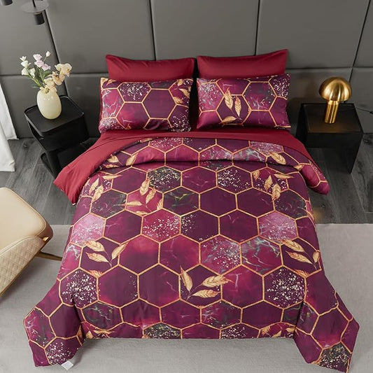 ANGIYUIN 7 Pcs Burgundy and Gold Queen Comforter Sets Print Hexagon Honeycomb Bed in A Bag, 3D Marble Watercolor Comforter Bedding Sets, Geometric Gold Trim Bed Sets with Sheets(Burgundy, Queen)