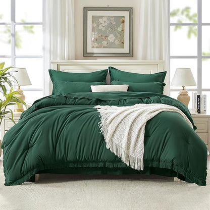 Andency California King Size Comforter Set with Sheets Emerald Green - 7 Pieces Cal King Bed in a Bag Boho Bedding Sets, Dark Green Fringe Bed Set with Comforter, Sheets, Pillowcases & Shams