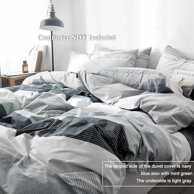 VM VOUGEMARKET Striped Bedding Duvet Cover Set King,3 Pieces Gray Blue Duvet Cover Sets,100% Cotton Modern Simple Comforter Cover with Zipper-King,Martin