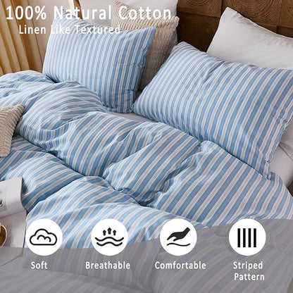 Merryword Blue and White Striped Duvet Cover Set Queen Size, 100% Cotton Linen Like Textured Bedding with Classic Vertical Stripes, Soft Lightweight Reversible Comforter Cover for All Seasons