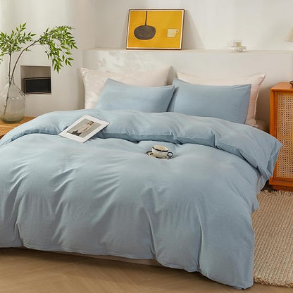 ECOCOTT Haze Blue Duvet Cover Queen Size, 3 Piece 100% Washed Cotton 1 Duvet Cover with Zipper and 2 Pillowcases, Ultra Soft and Easy Care Breathable Cozy Bedding Set (Haze Blue,Queen)