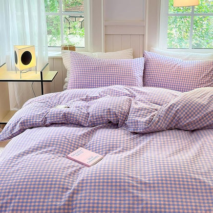 LifeTB Purple Plaid Bedding Set Full 100% Washed Cotton Purple Grid Duvet Cover with 2 Pillowcases Gingham Duvet Cover 3 Pieces Plaid Comforter Cover Breathable Grid Bedding Collection