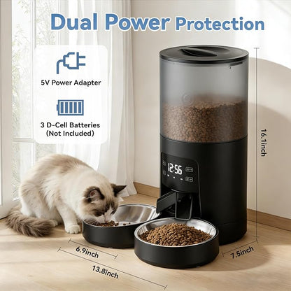Sweetcrispy Automatic Cat Feeder, 4L Cat Food Dispenser with APP, Black | 2.4G WiFi, Applicable for Dry Food, 16.9 Cups, 10 Meals/Day, 50 Portions/Meal, 10s Voice Recorder, Dual Power Supply