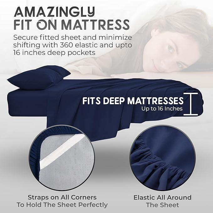 King Size Sheets Set - 4 Piece Bedding - Wrinkle Free -Double Brushed Cooling Bed Sheets King, Deep Pocket King Sheet Set, King Size Bedding Sets (Navy, King)