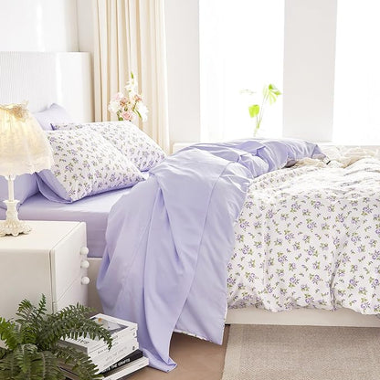Wake In Cloud - Coquette Duvet Cover Set, Floral Cottagecore Flower Shabby Chic Cute Aesthetic, Soft Lightweight Bedding for Women Teen Girls, 3-Piece, White Purple, Queen Size