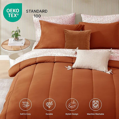 Monbix Full Comforter Set - 7 Pieces Burnt Orange Bed in a Bag Full Size Track Stitching Bedding Sets, All Seasons Comforter with Sheets, Pillowcases & Shams