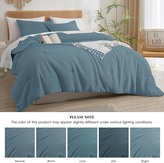 PHF Soft Waffle Comforter Set Queen Size- Comfy Breathable Waffle Weave Comforter with 2 Pillow Shams, 3 Pieces Less Snagging Lightweight Textured Bedding Set for All Season, Stormy Blue