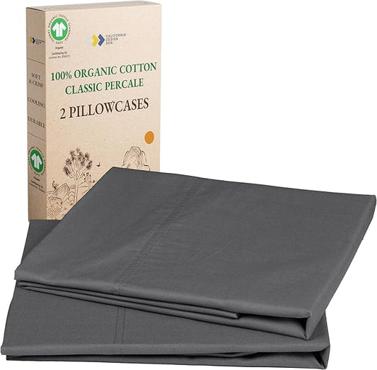 California Design Den 100% Organic Cotton Pillow Cases Queen/Standard Set of 2, Soft & Crisp Percale Weave Cotton Pillowcases (Grey)